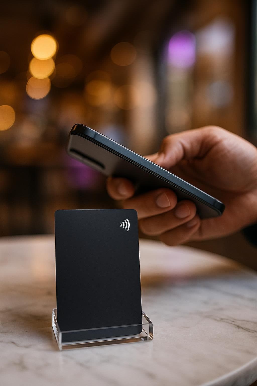 A guest tapping their phone to an AI Magic Tap card on a café table